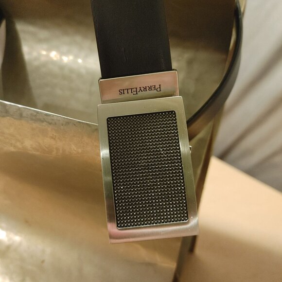 Perry Ellis Designer Bonded Leather Belt 1.5 Textured Metallic Buckle Black Size - Picture 7 of 8